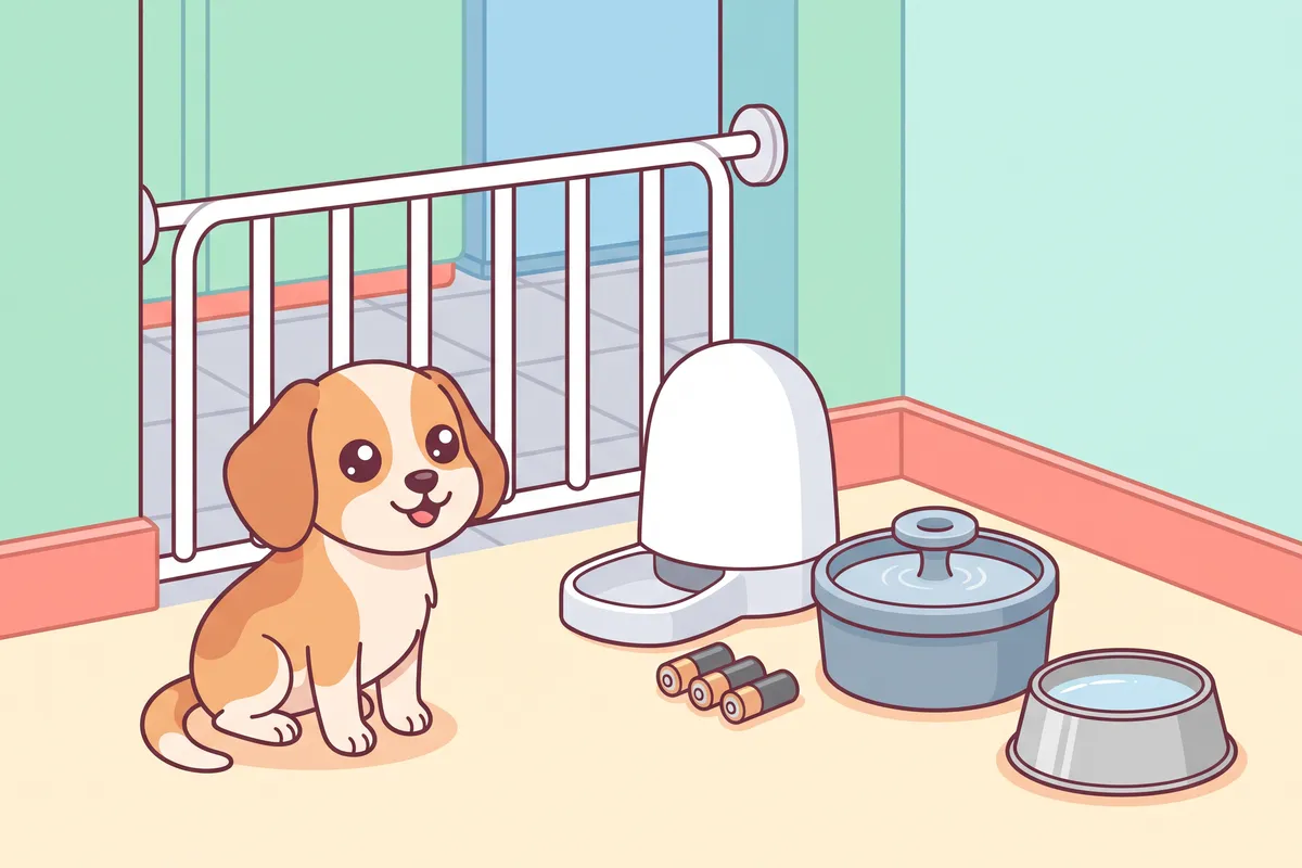 Illustration: a pre-trip setup on a kitchen floor, an automatic feeder with fresh batteries beside it, a water fountain and a second plain water bowl, behind a dog gate