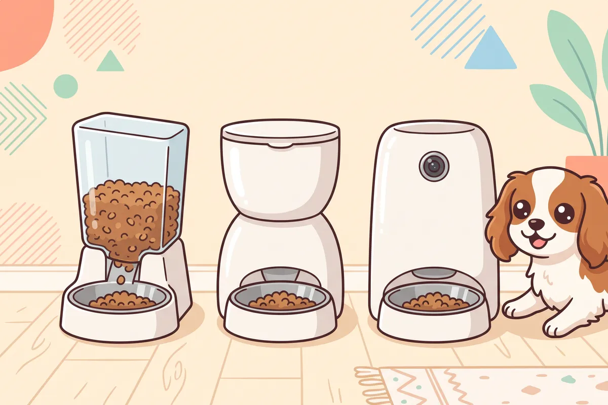 Illustration: three kinds of automatic dog feeder side by side, a gravity feeder, a timed feeder and a smart feeder with a small camera