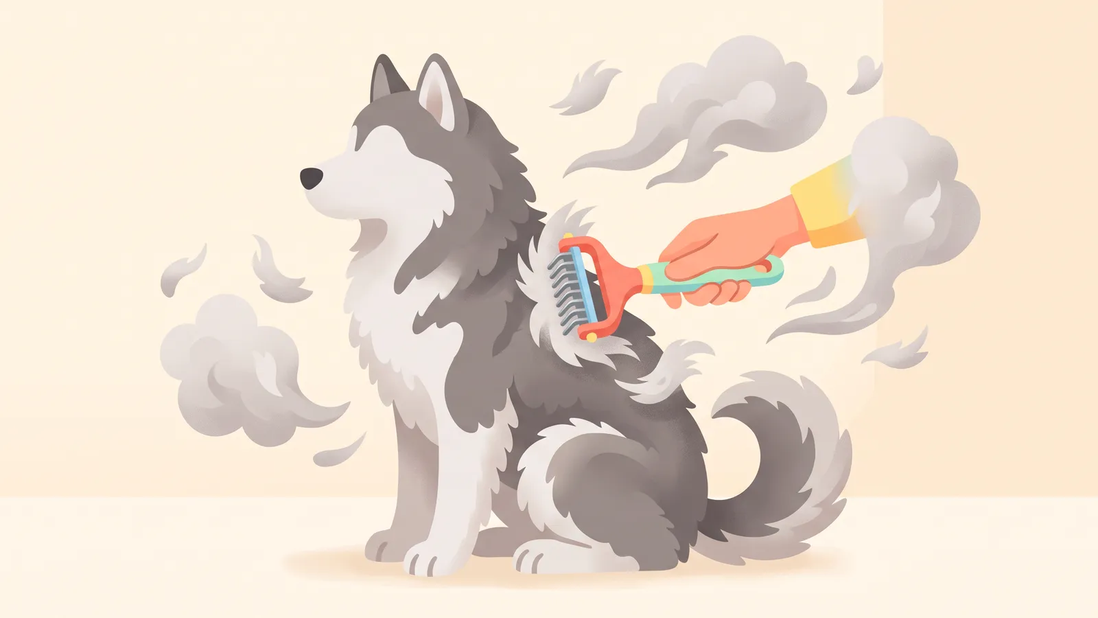 Illustration: a Siberian husky with clouds of shed undercoat drifting away as a hand brushes it
