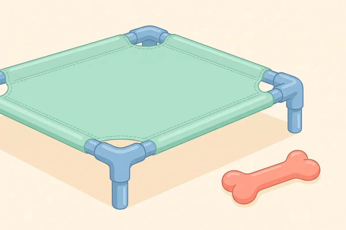 Close-up of an aluminum dog cot frame with fabric tucked inside the frame edge