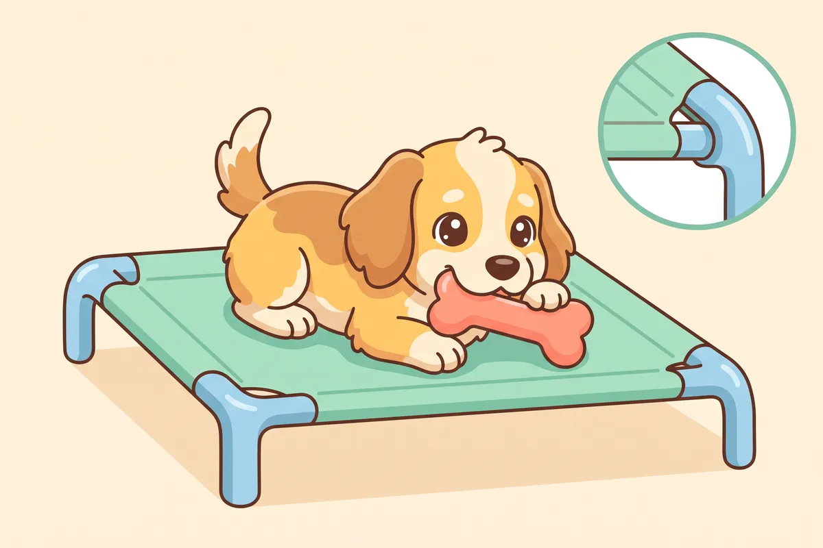 Illustration: a dog chewing a toy on a raised cot whose fabric edges are tucked inside the metal frame
