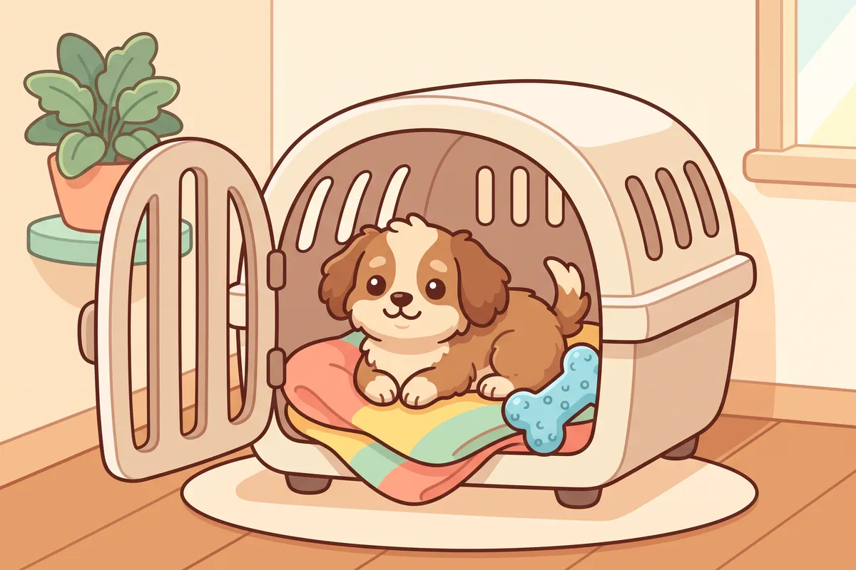 Illustration: a relaxed dog resting in a crate with the door open, a blanket and a chew toy inside