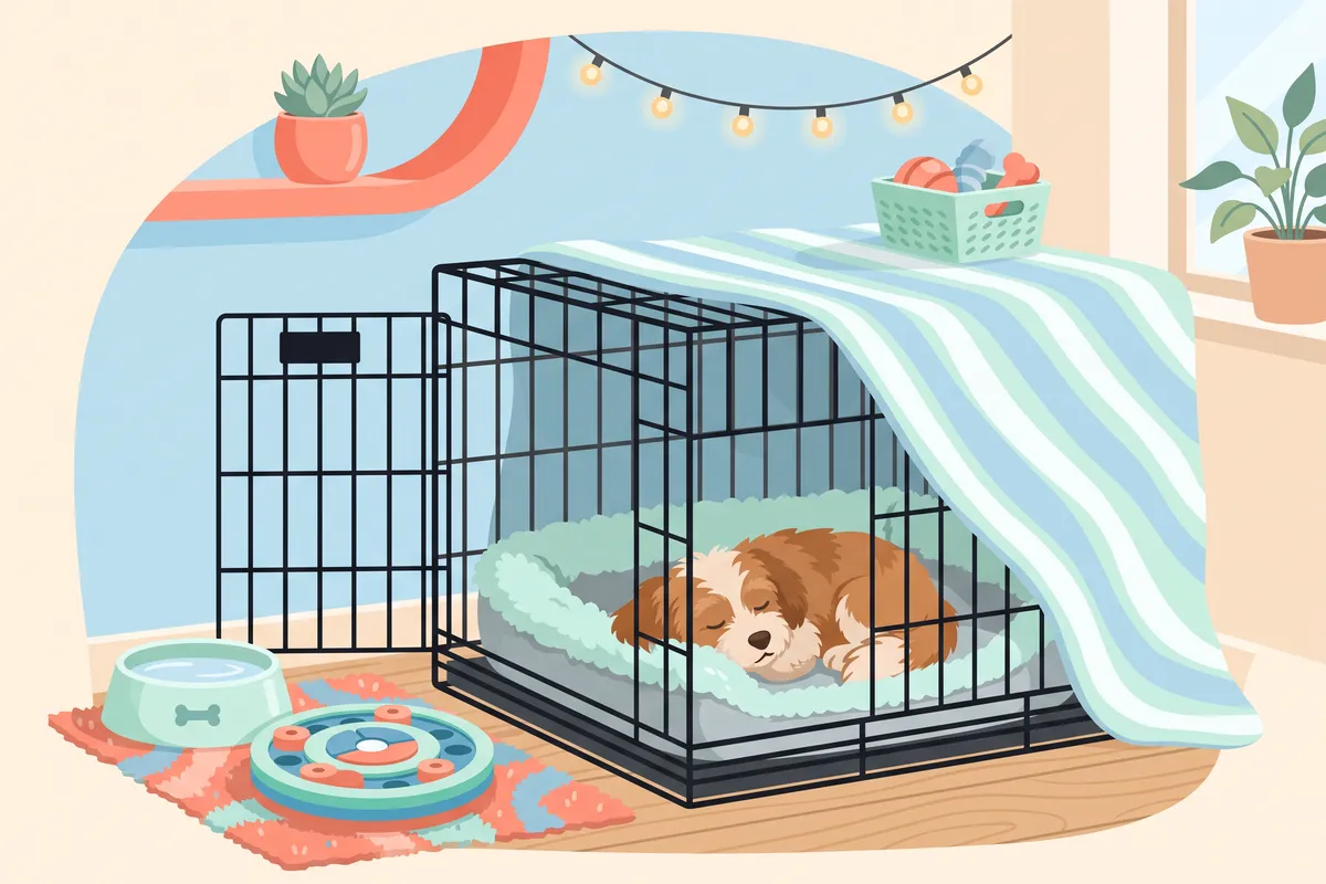 Dog lying in a covered crate set up as a quiet den in the corner of a room