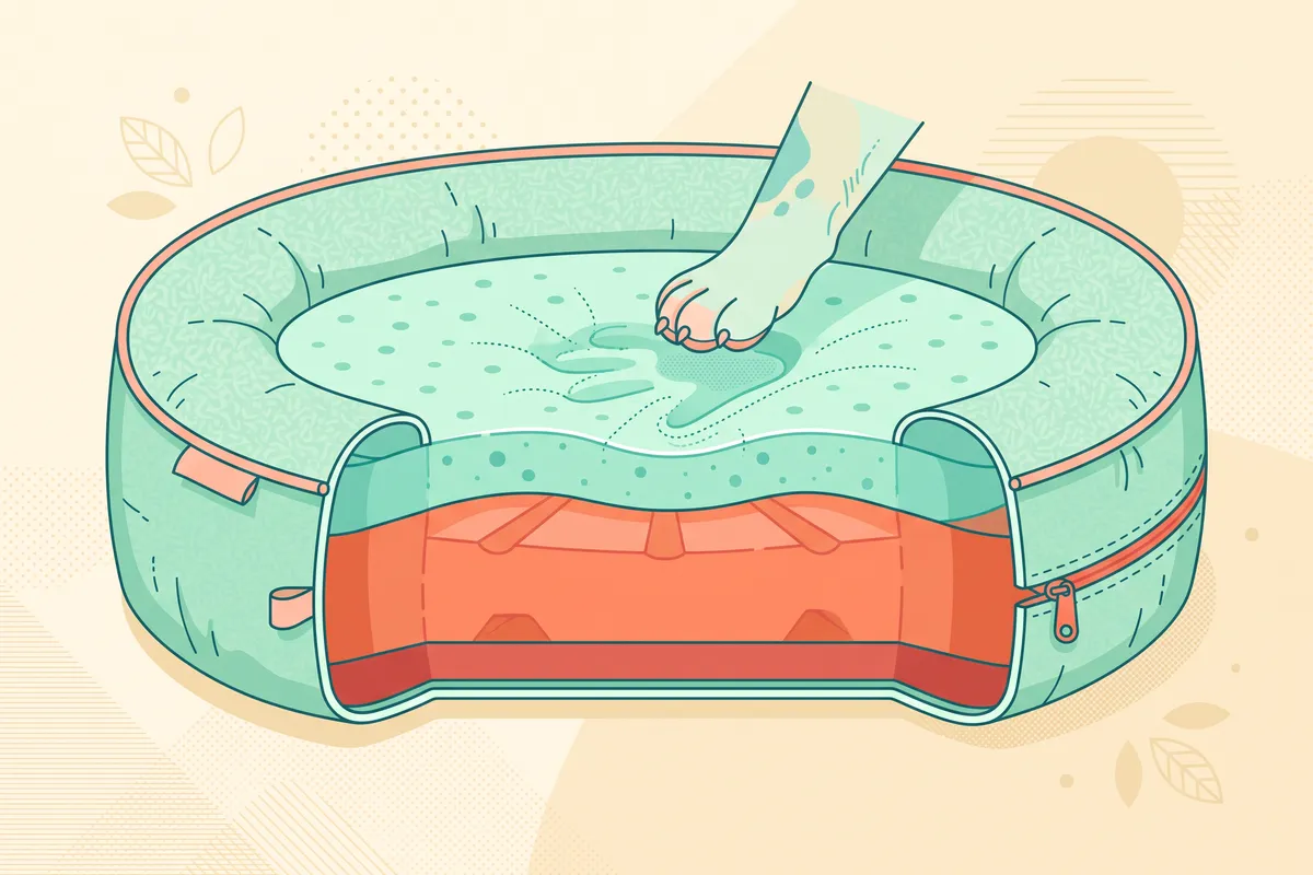 Cross-section of a dog bed showing solid memory foam layers under a removable cover