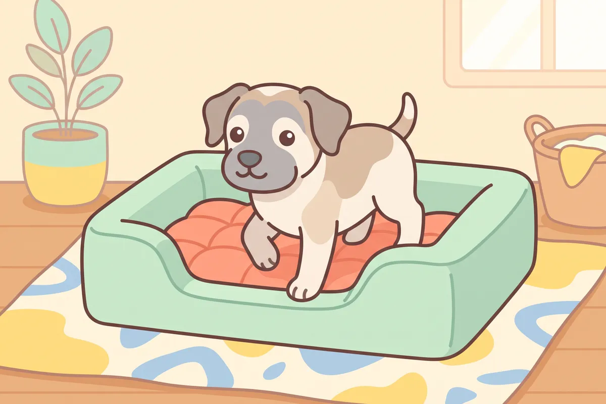 Illustration: a grey-muzzled senior dog stepping easily into a thick bed with a low front entry