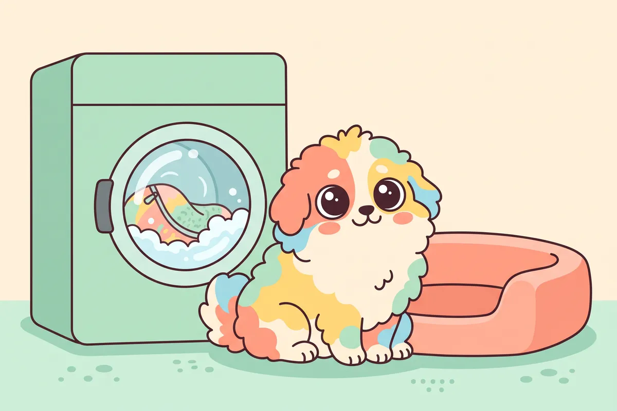 Illustration: a big dog watching its bed's zip-off cover tumble in a washing machine