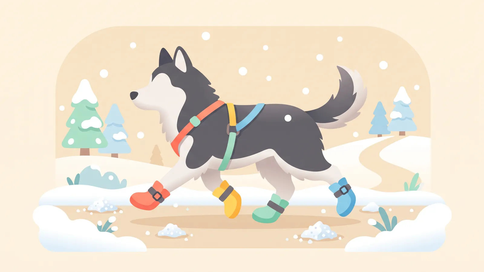 Illustration: a husky trotting through snow wearing four colorful dog boots