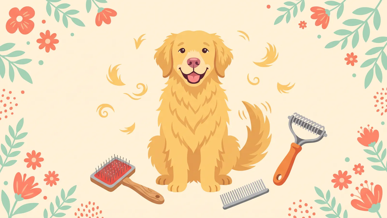 Golden retriever lying on a grooming mat while its owner brushes the feathering on its back legs