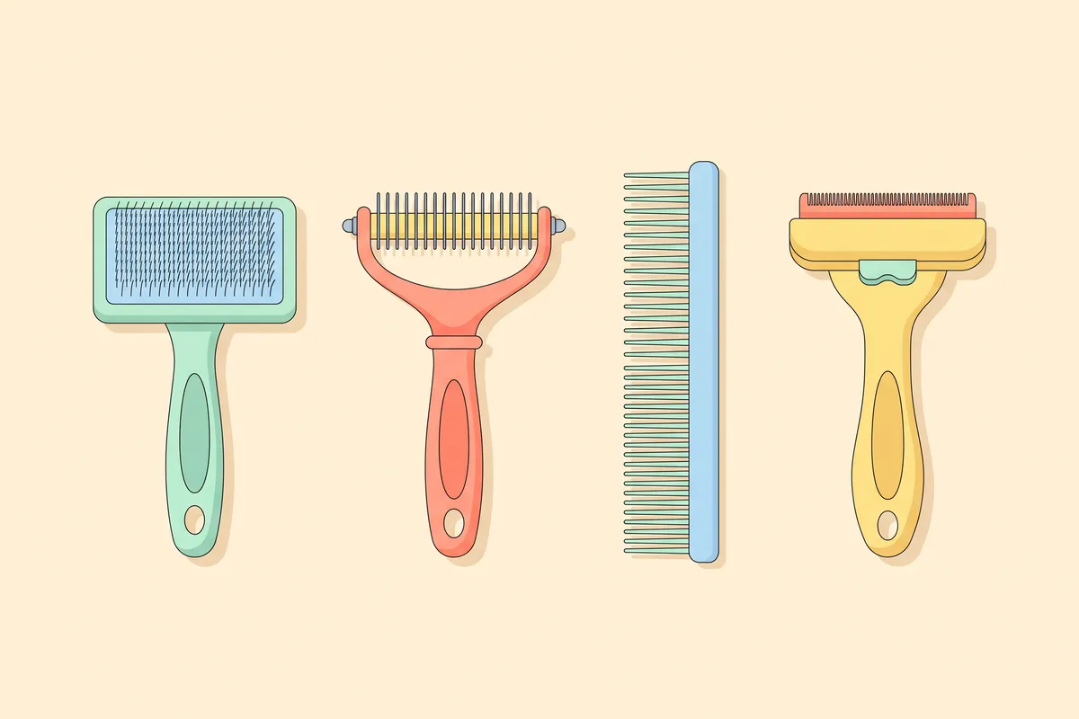 Golden retriever grooming kit laid out on a towel: undercoat rake, slicker brush and steel comb