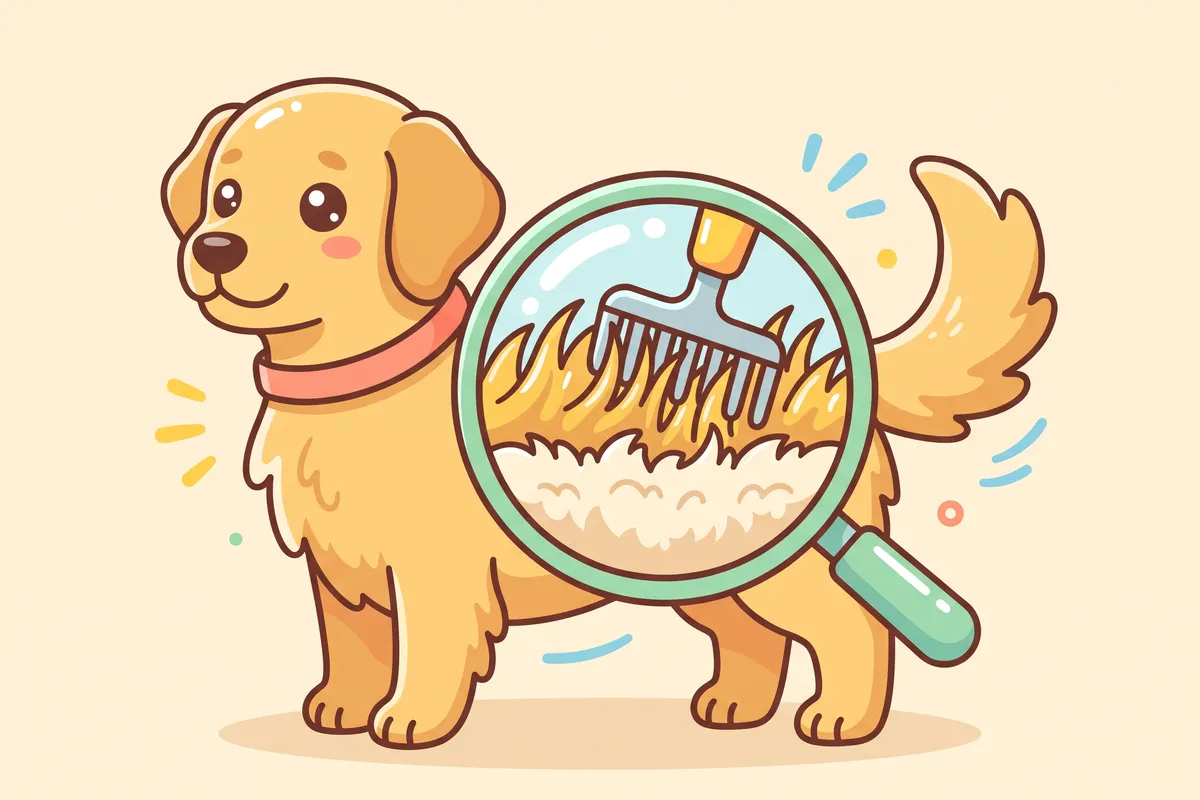Illustration: cutaway of a golden retriever's double coat with a rake reaching the soft undercoat