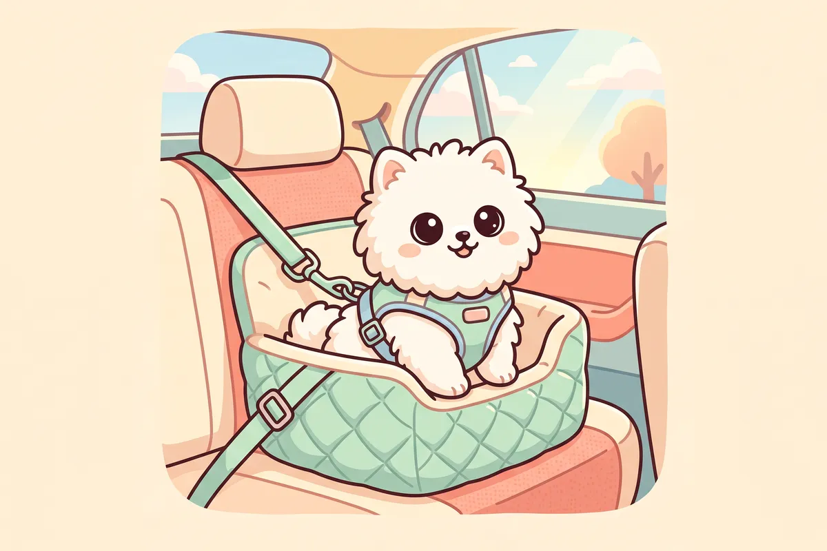 Illustration: a small dog sitting in a padded booster seat on a car's back seat, tether clipped to its harness