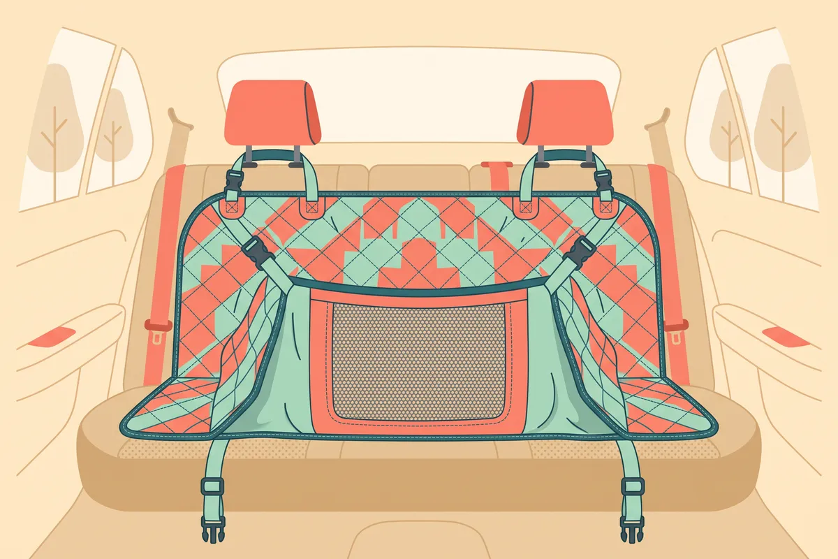 Hammock-style dog seat cover clipped to front and rear headrests across a back seat