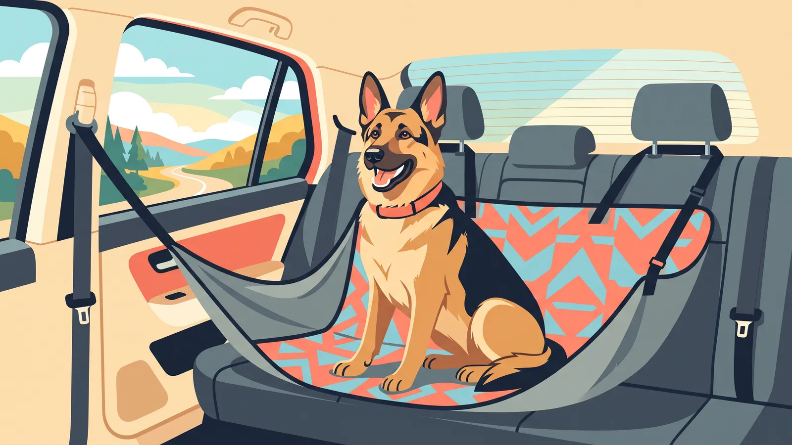 German shepherd sitting on a quilted hammock seat cover in the back seat of an SUV