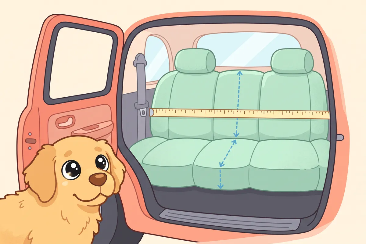 Illustration: a car's back seat with measuring lines across the width and depth of the bench