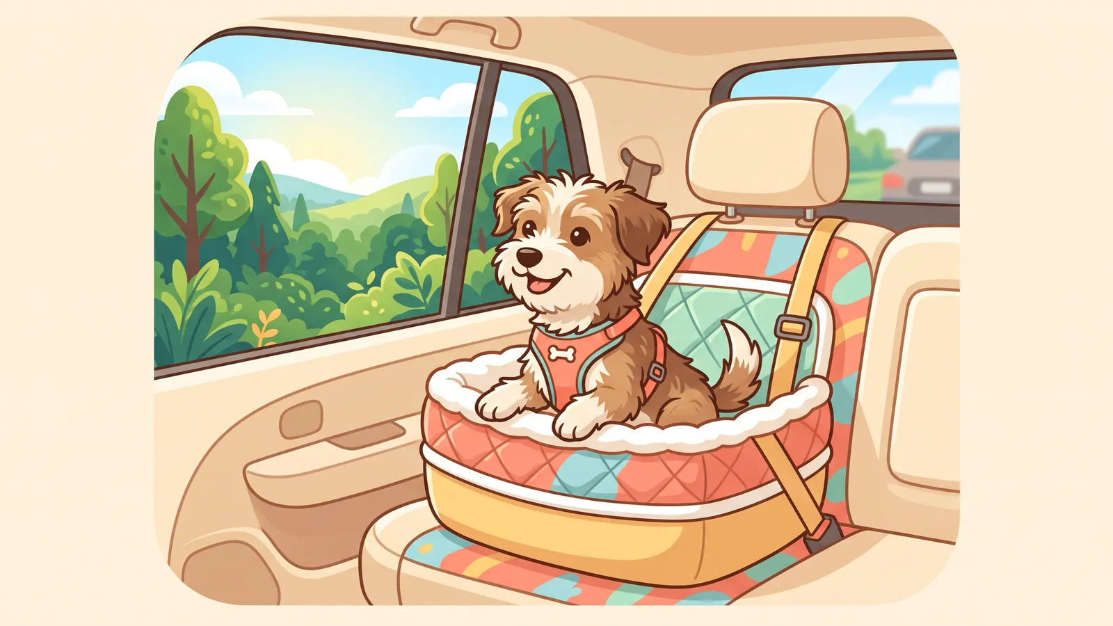 Small terrier sitting in a raised dog car seat on the back seat of a car, clipped to a harness
