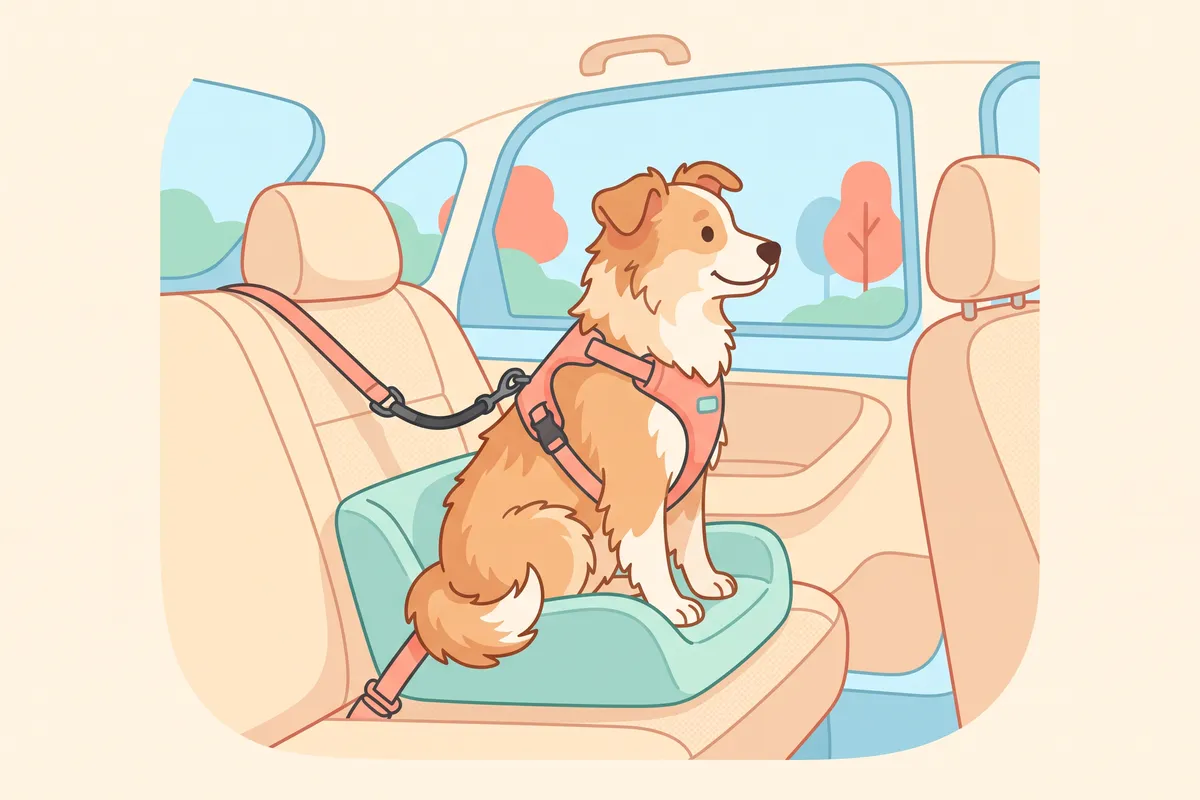 Dog in the back seat wearing a crash-tested harness clipped to the seatbelt with a short tether