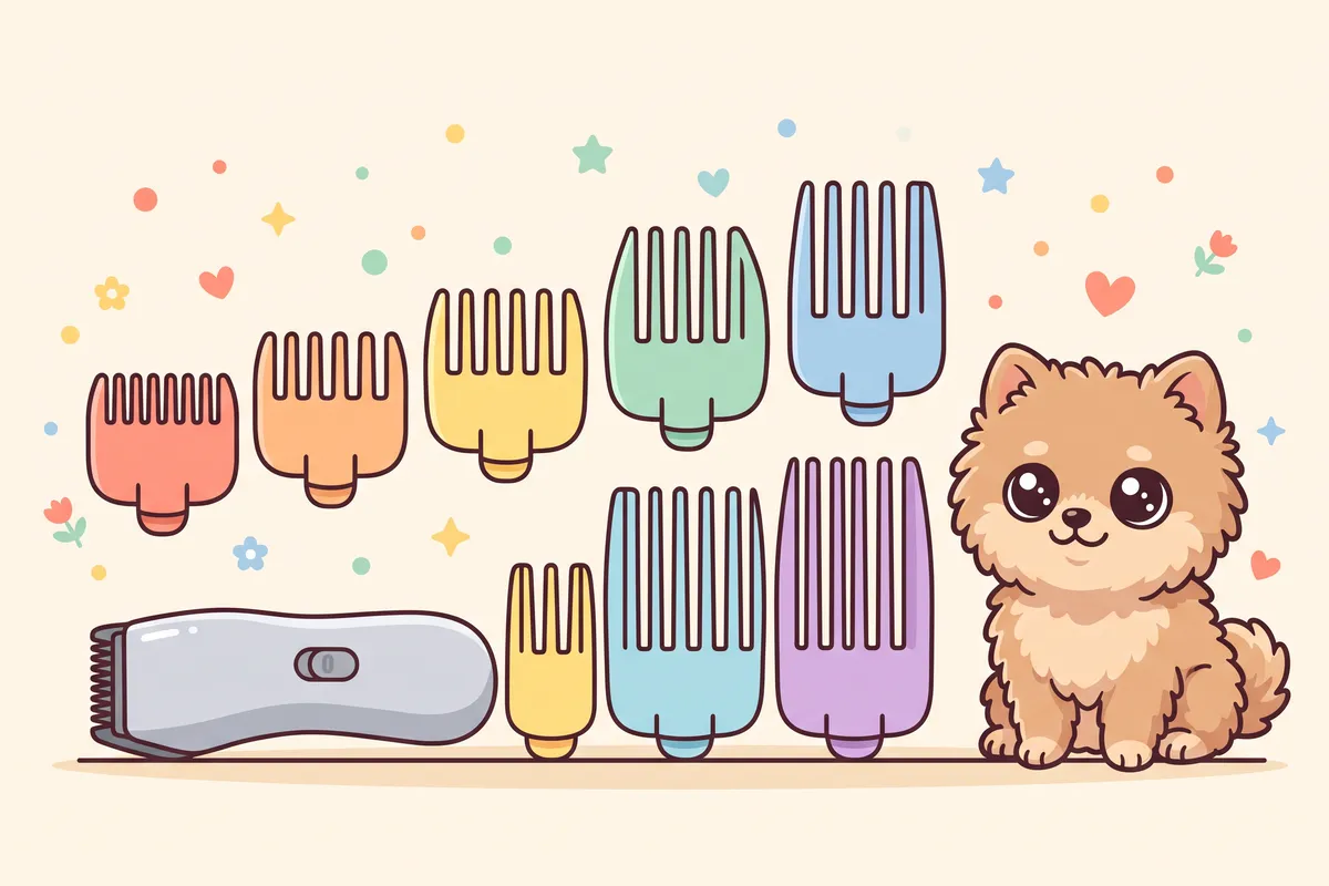 Illustration: a row of snap-on clipper guide combs from short to long beside a clipper