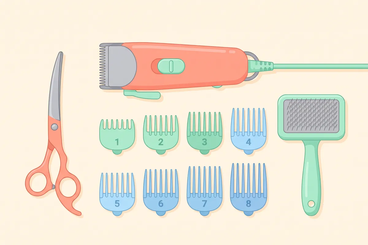 Dog grooming clipper kit laid out with detachable blades, snap-on guide combs and blade oil