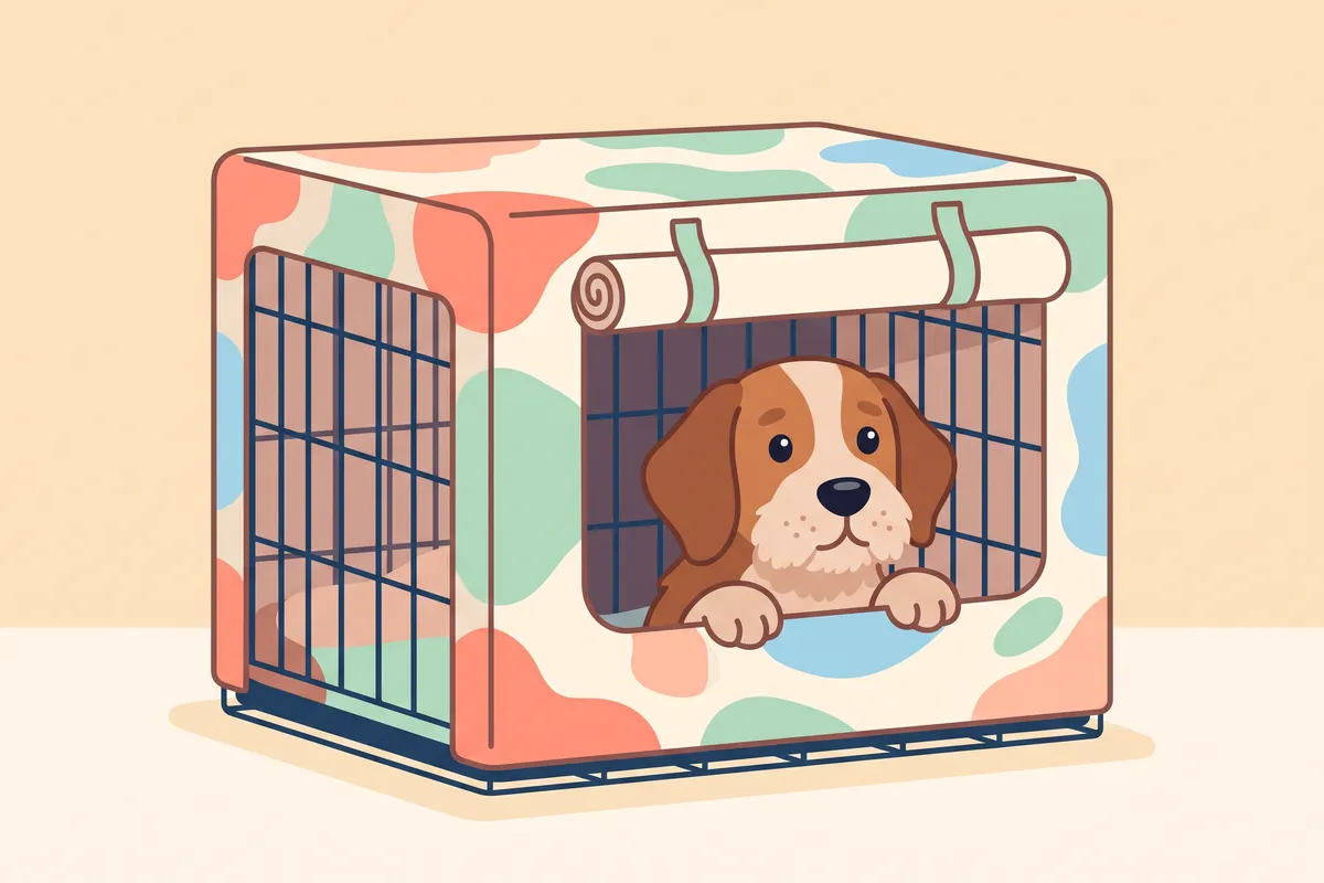 Wire dog crate with a fabric cover, one side rolled up