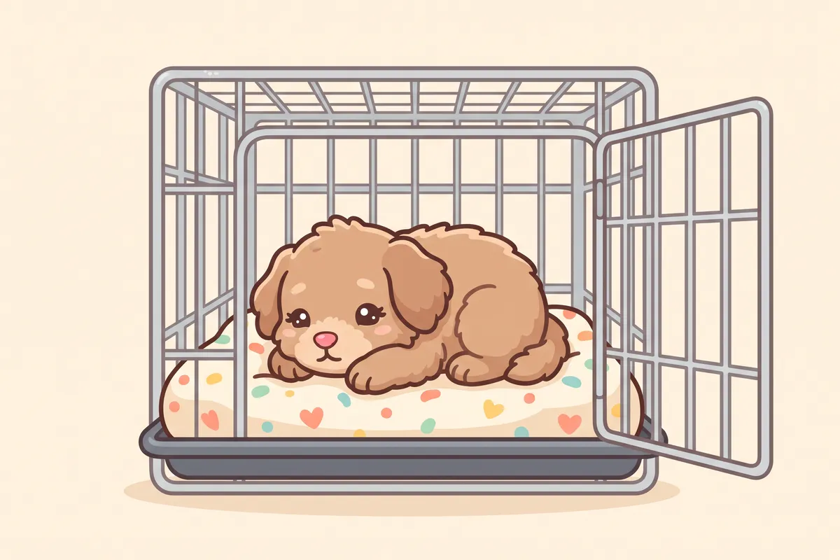 Illustration: a crate pad fitting snugly edge to edge in a wire crate, a puppy settling on it
