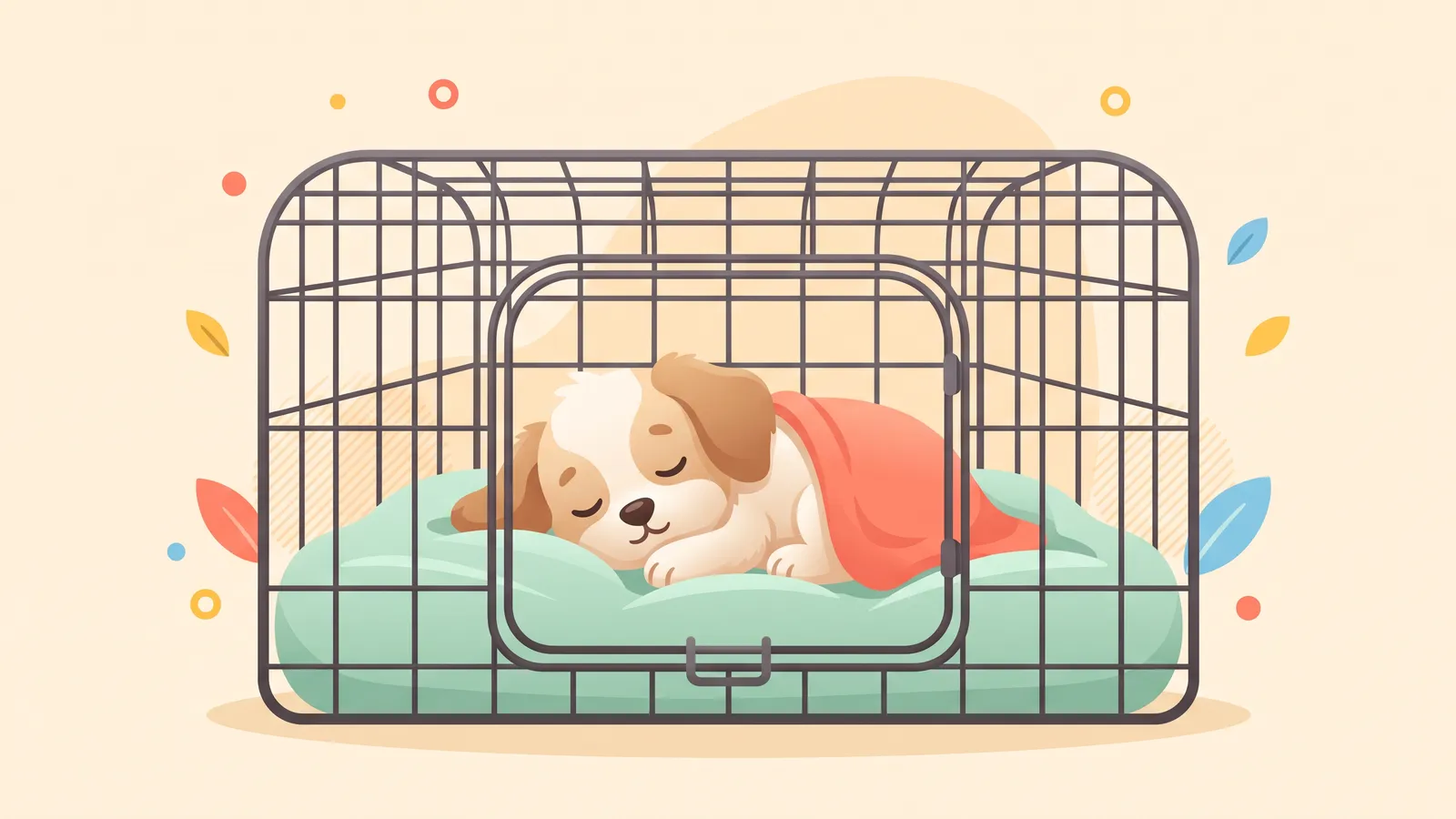 Dog lying on a fitted grey pad inside an open wire crate