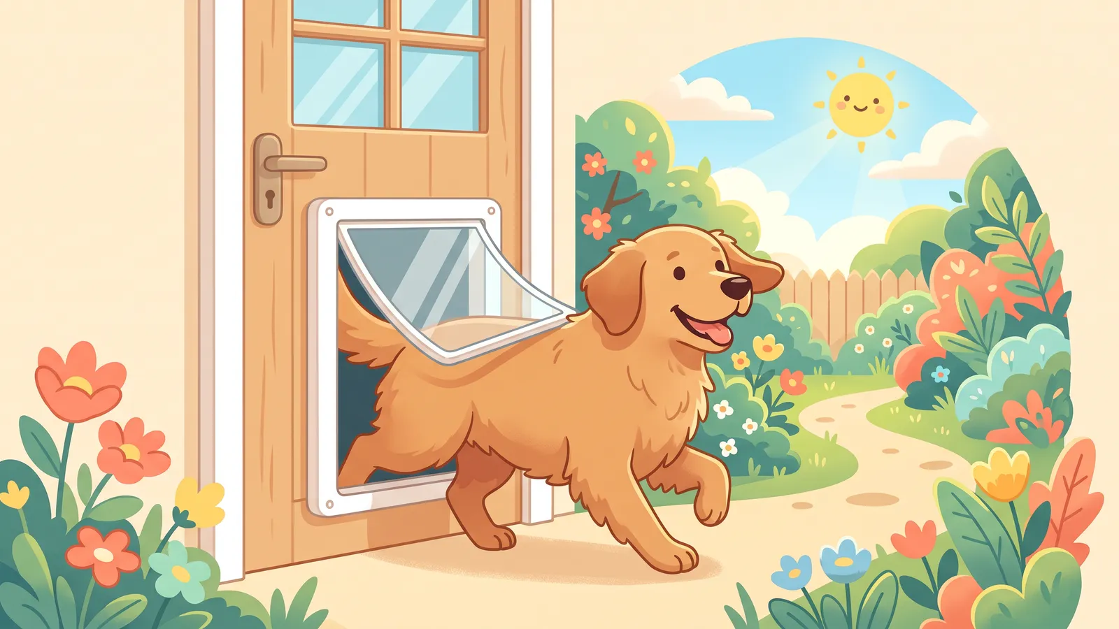 Large black labrador stepping through an extra-large flap dog door set into a house wall