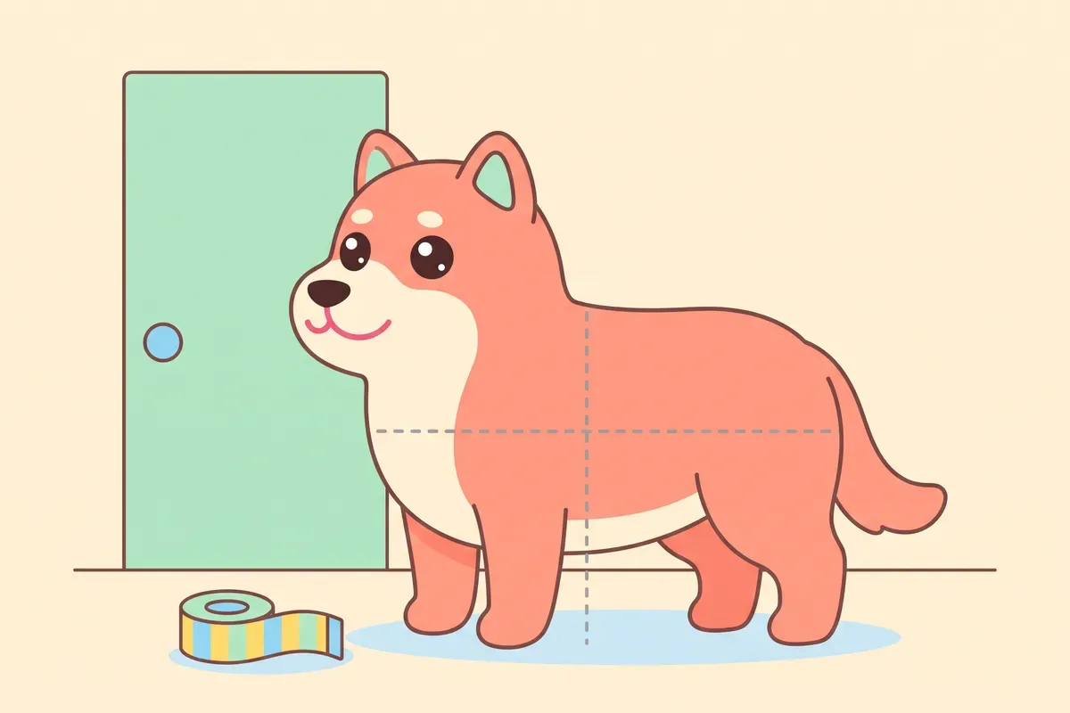 Illustration: a large dog standing side-on beside a door with dashed lines showing where to measure its height and body