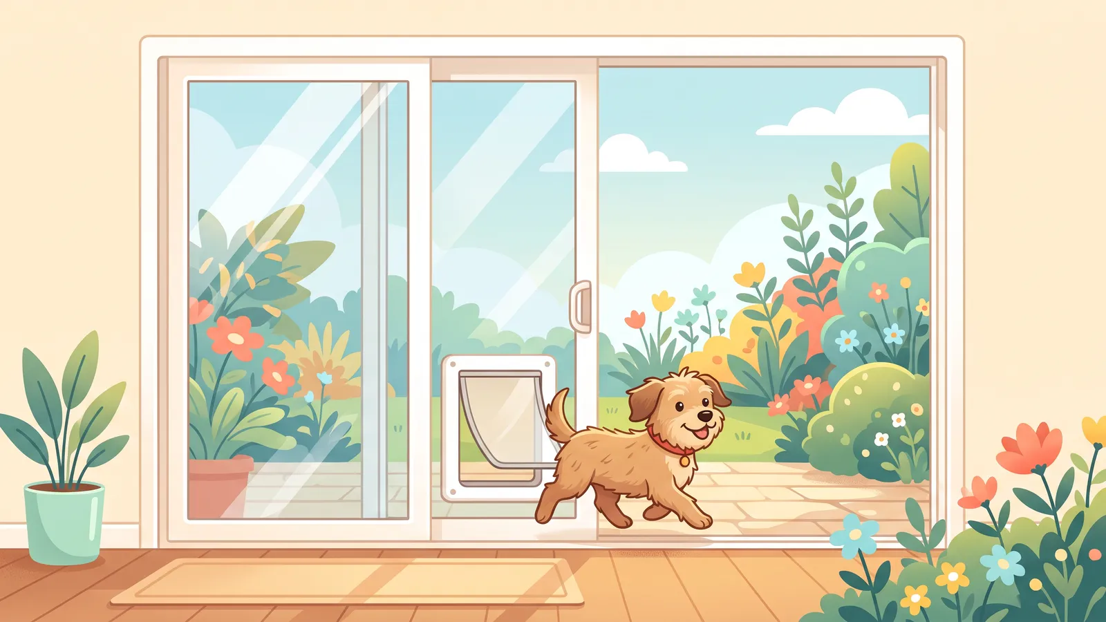 Golden retriever stepping through a pet door panel fitted in a sliding glass patio door