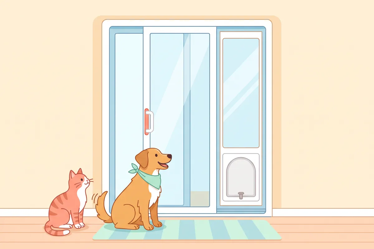 Close-up of a patio door panel insert with a pet flap, fitted into a sliding door track