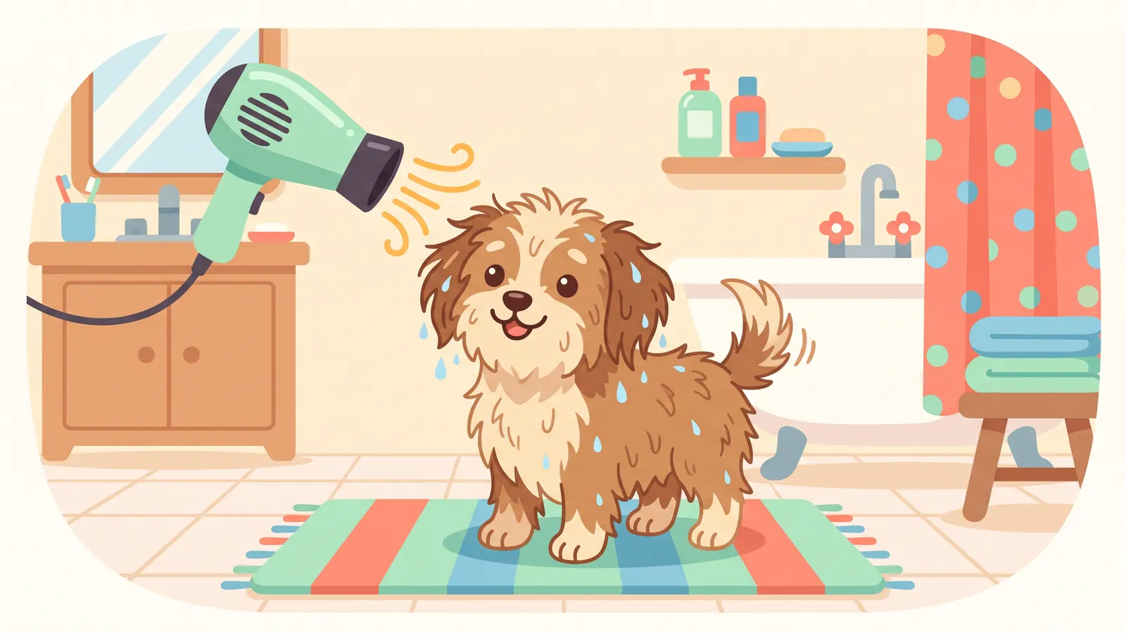 Damp golden retriever standing on a towel while its owner dries the coat with a hose dryer held well away from its face