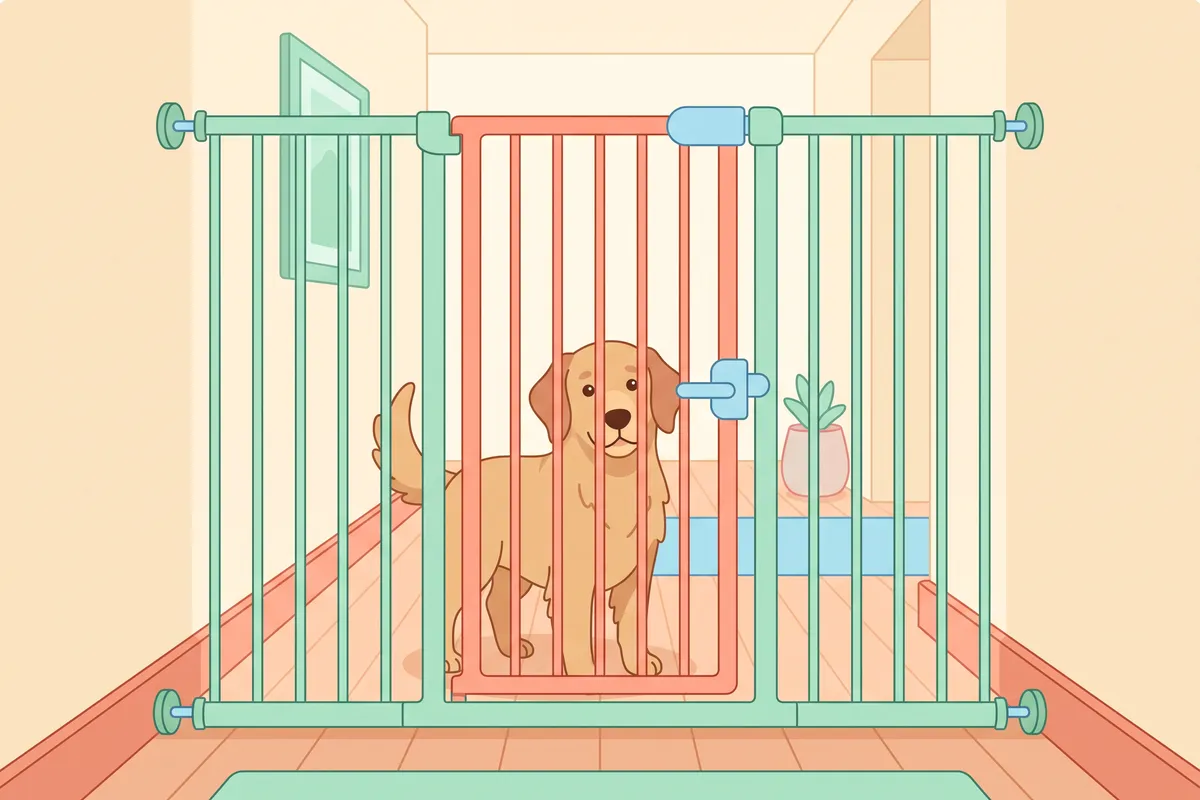 Hardware-mounted dog gate fixed at the top of a staircase with a dog waiting on the landing