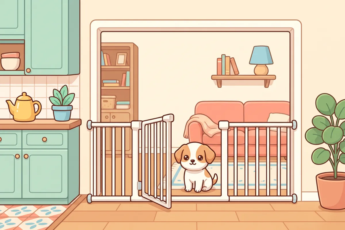 Illustration: a walk-through dog gate with extension panels spanning a wide doorway