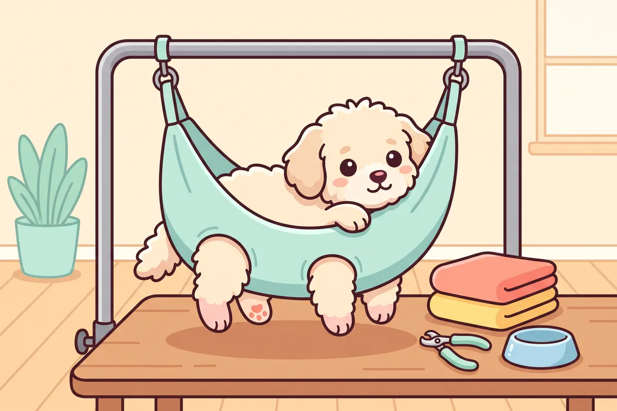 Illustration: a small dog resting in a grooming hammock with its paws through the leg holes