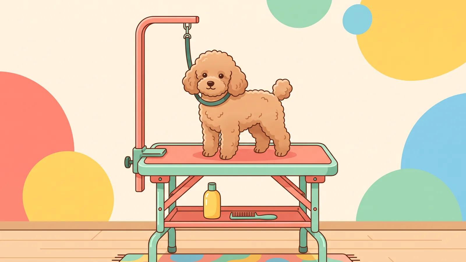 Medium-sized poodle mix standing calmly on a folding grooming table with a rubber top while its owner brushes the coat