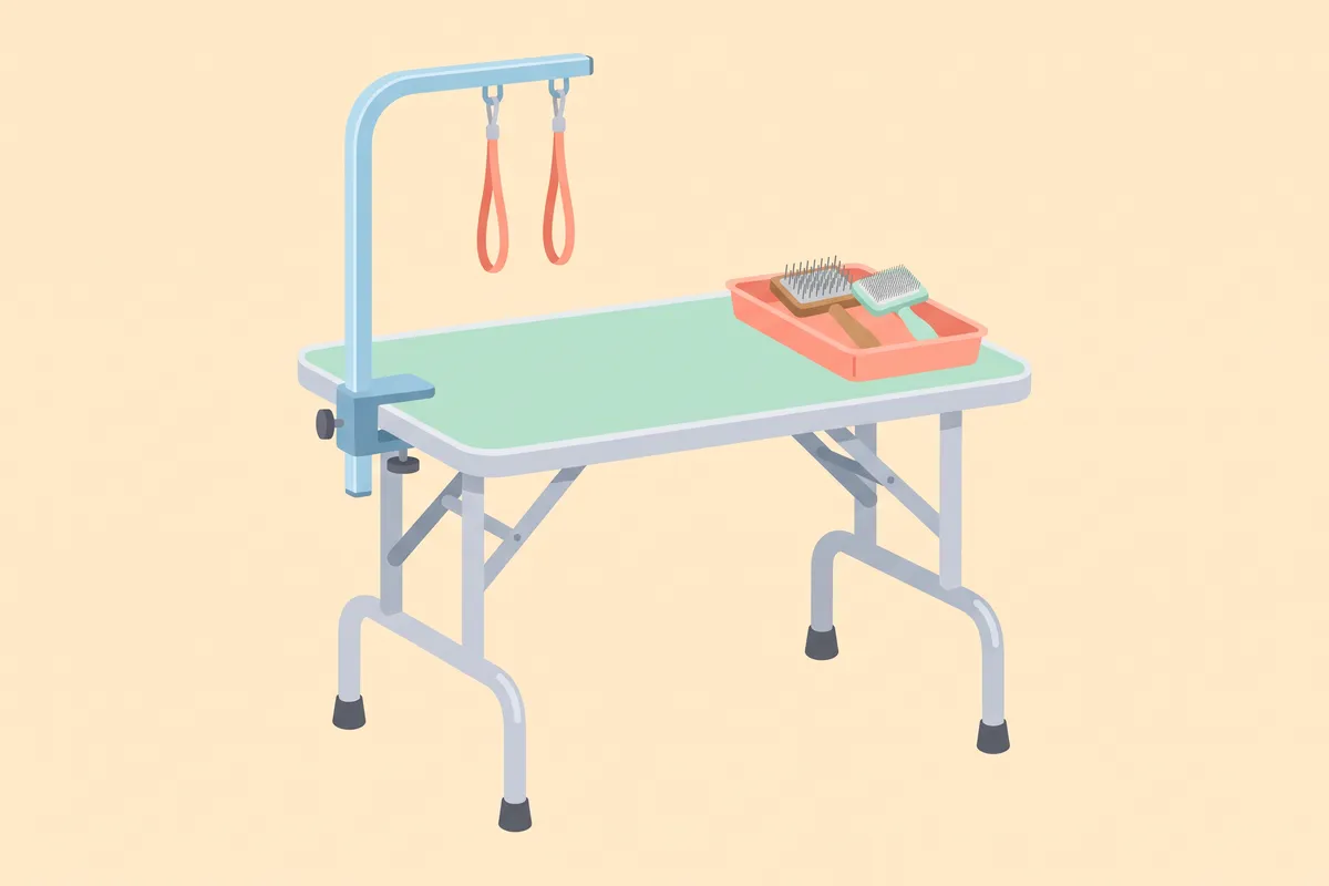 Owner trimming a large dog's coat on a height-adjustable grooming table set to waist level