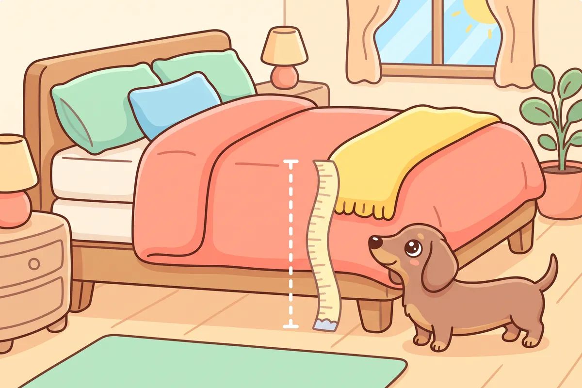 Illustration: a bed with a measuring line from the floor to the top of the mattress, a dog looking up