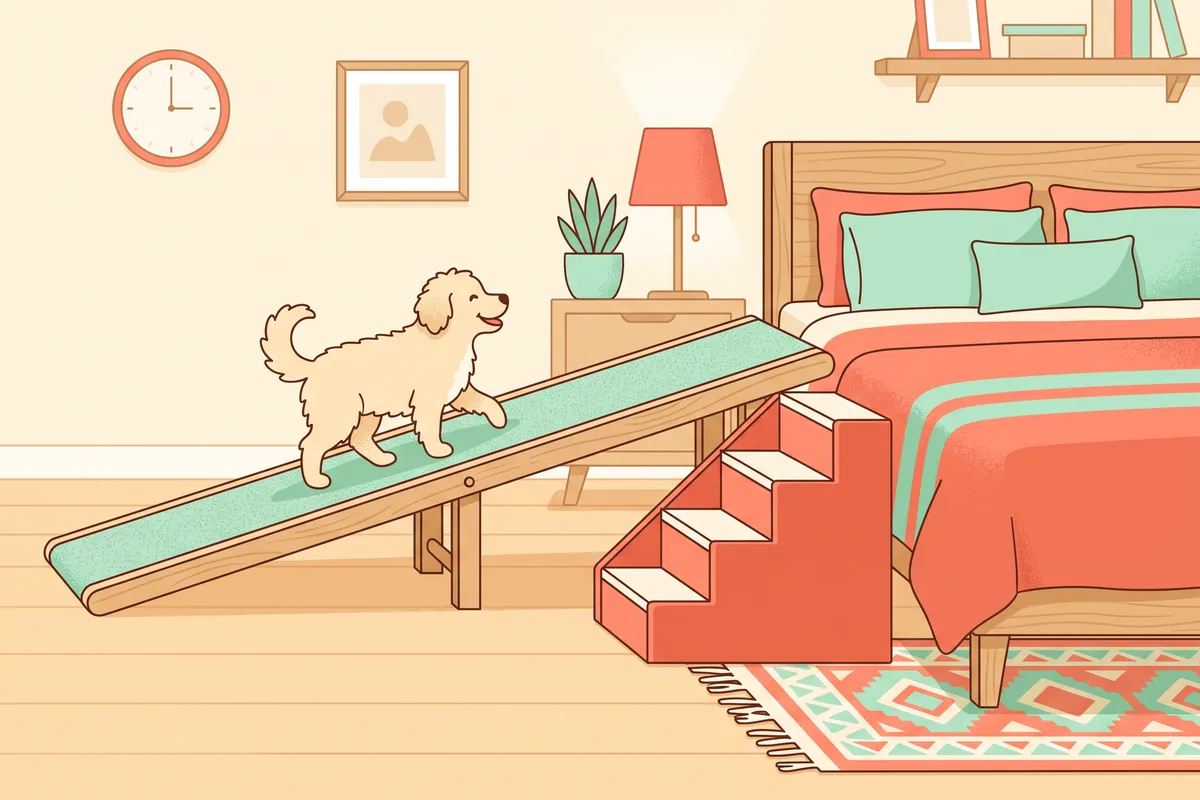 Side-by-side view of a dog ramp and a set of dog stairs next to a bed