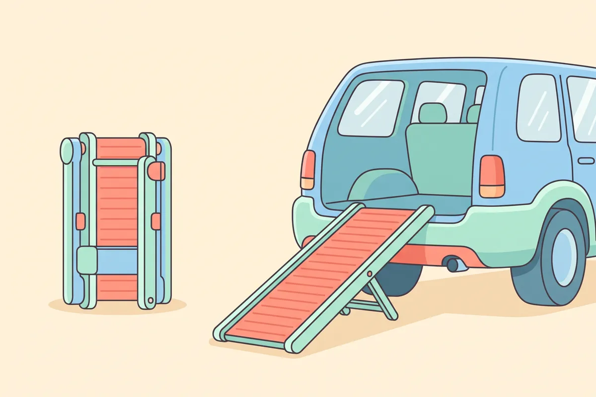 A dog ramp folded in half and stowed upright in an SUV cargo area