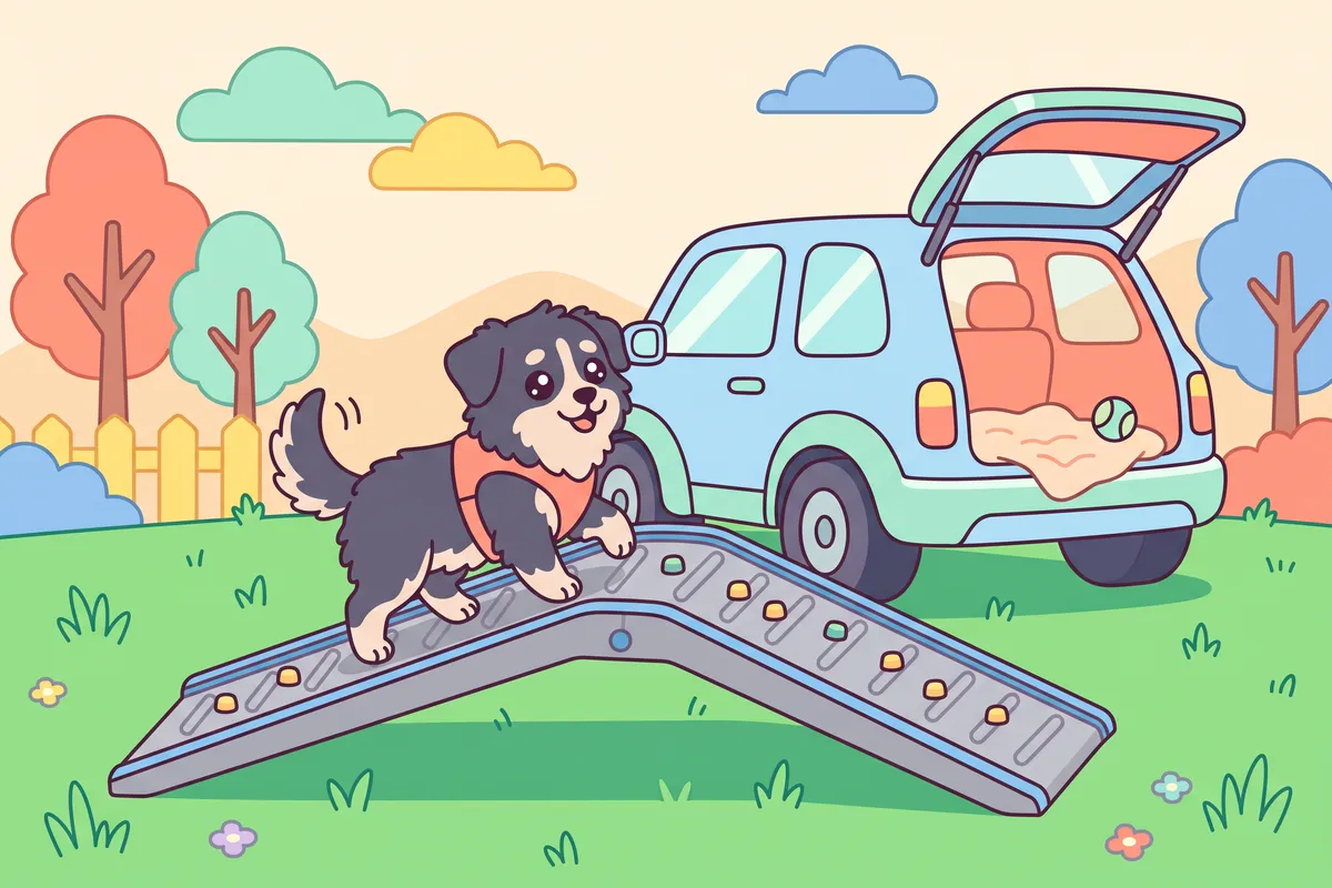 Illustration: a dog walking along a car ramp laid flat on the grass, following treats
