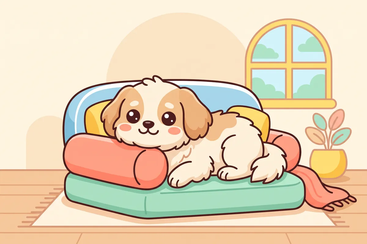 Illustration: a dog resting its chin on the firm bolster armrest of a sofa-style dog bed