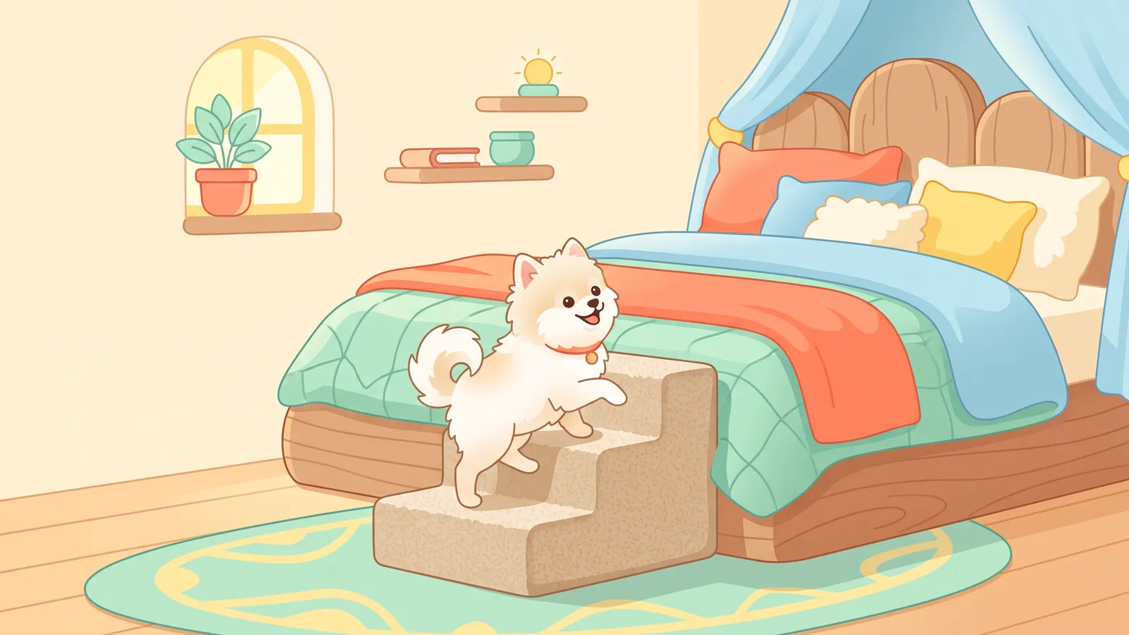 Small terrier climbing carpeted pet stairs up to a tall bed with a white duvet