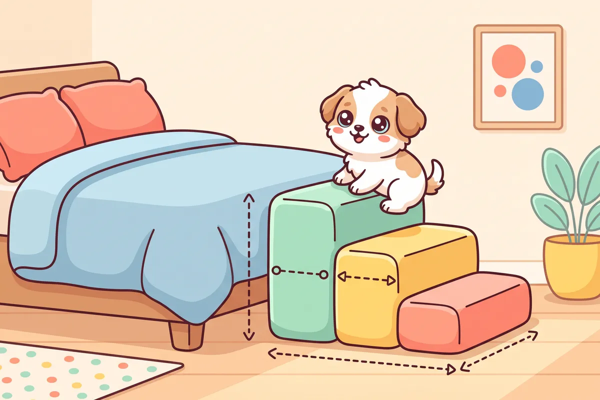 Illustration: dog stairs beside a bed with lines marking the bed height and the depth and width of a step