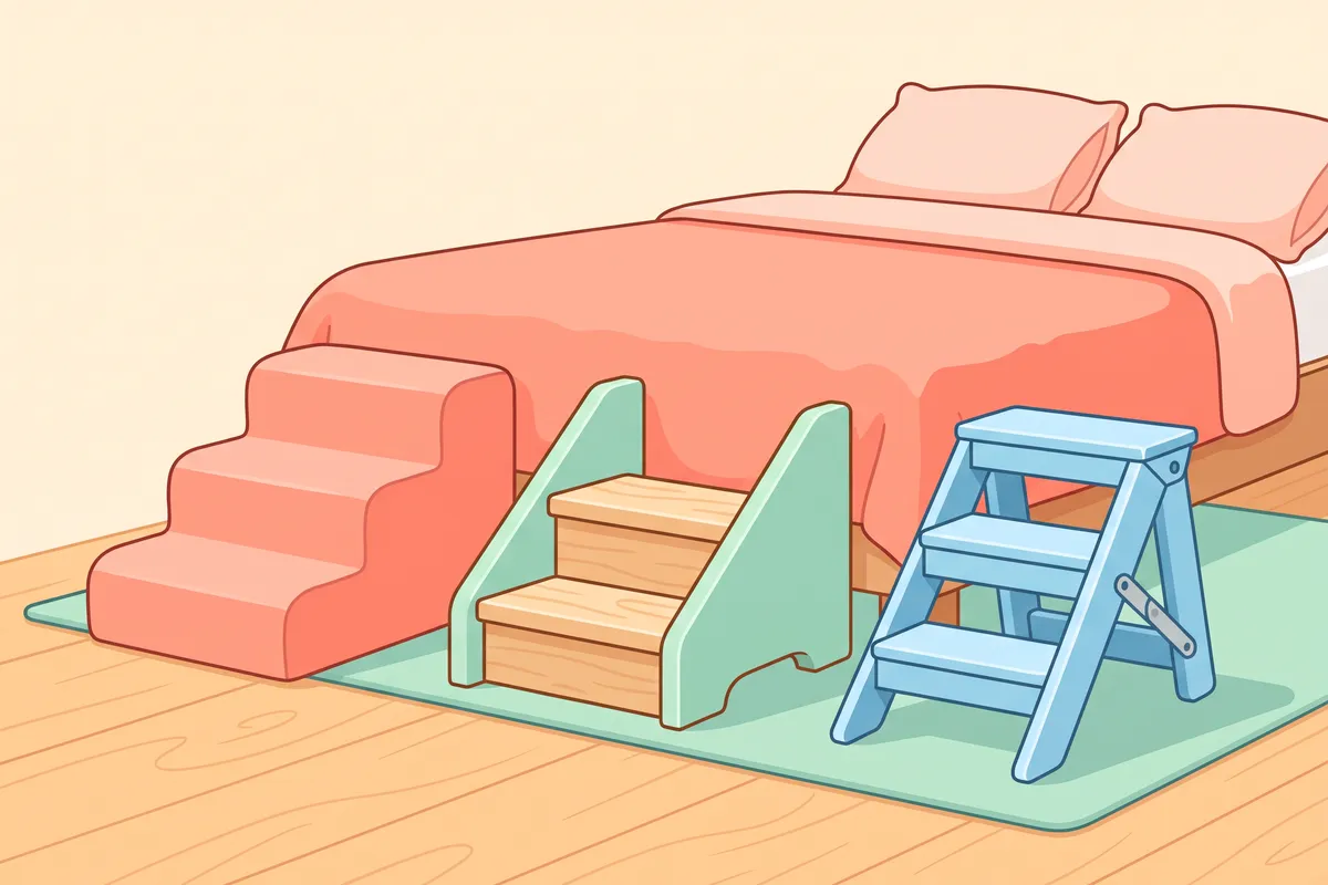 Plastic, wooden and foam dog stairs lined up beside a bed for comparison