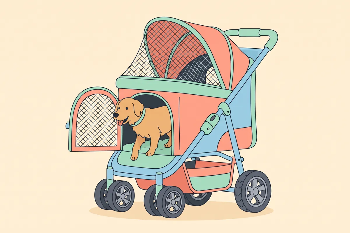 Large dog stepping into a low, zipperless dog stroller entry on a sidewalk