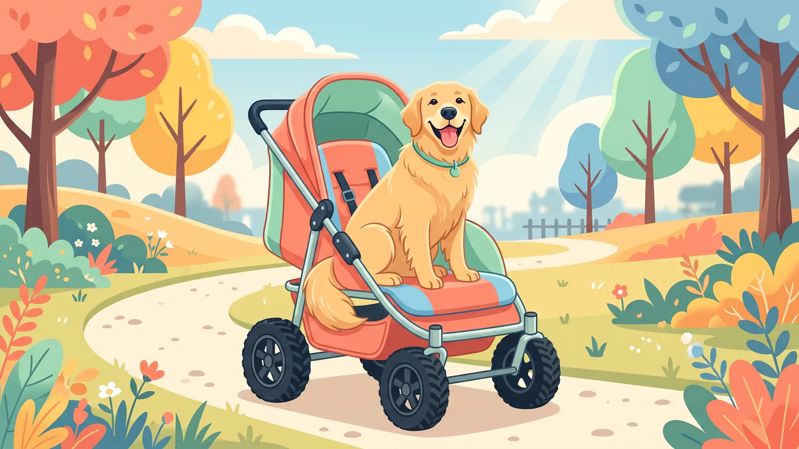 Gray-muzzled Labrador lying in a large dog stroller on a park path in the afternoon