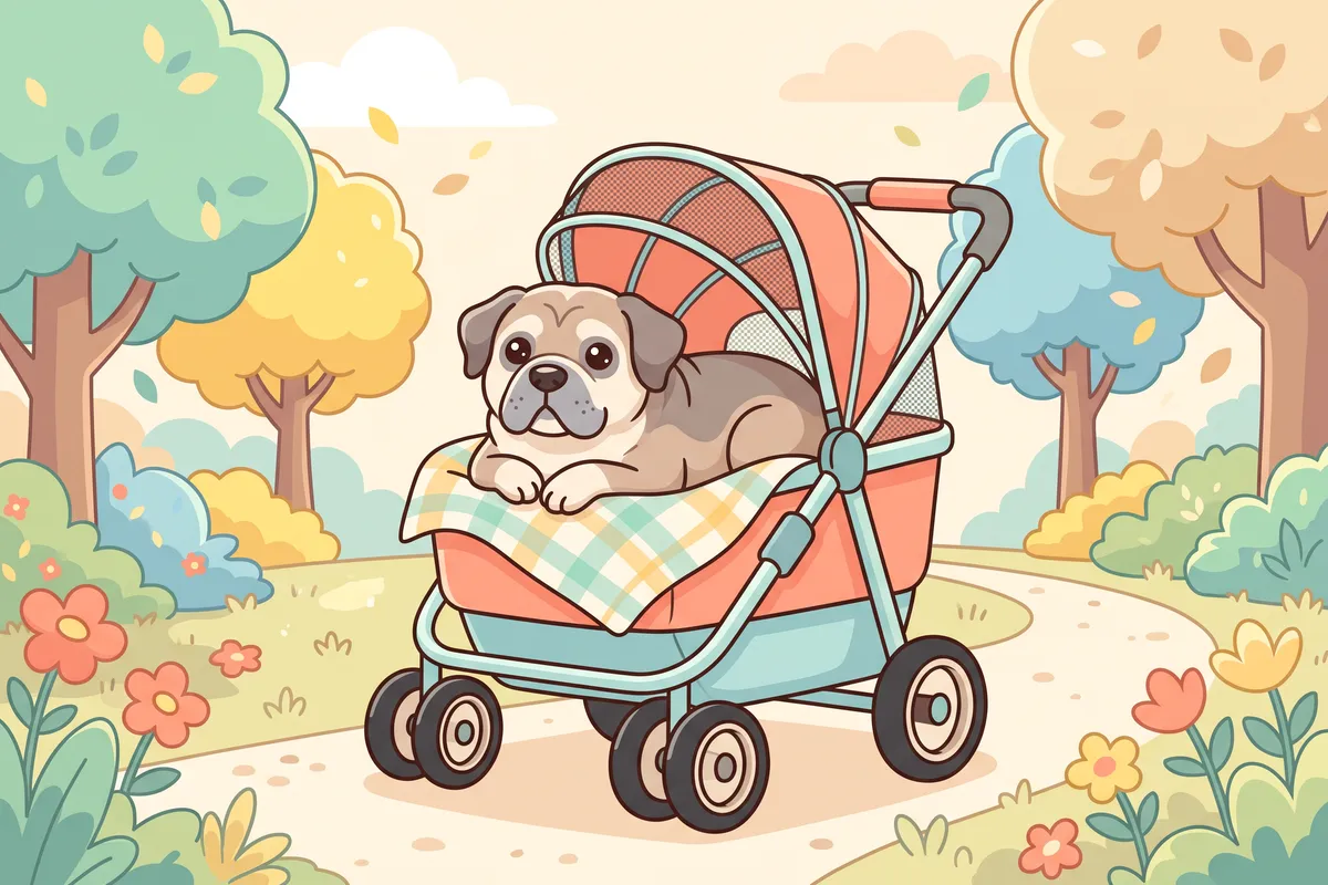 Illustration: a large senior dog lying comfortably in a roomy four-wheel stroller with the canopy open