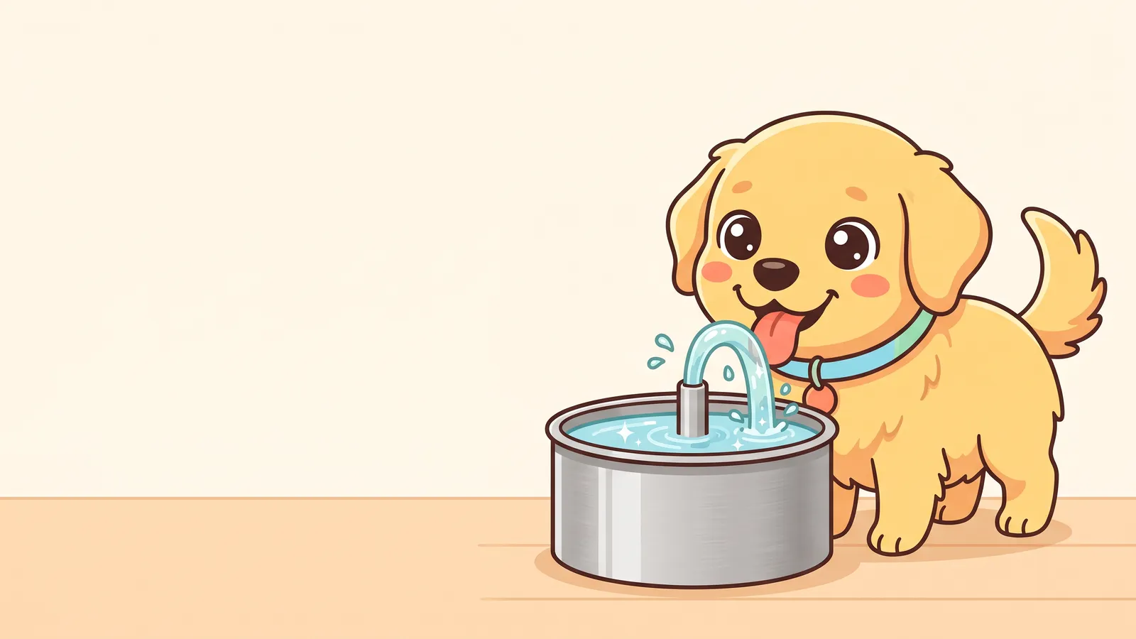 Illustration: a golden retriever lapping water from a round stainless steel pet fountain with a gentle stream