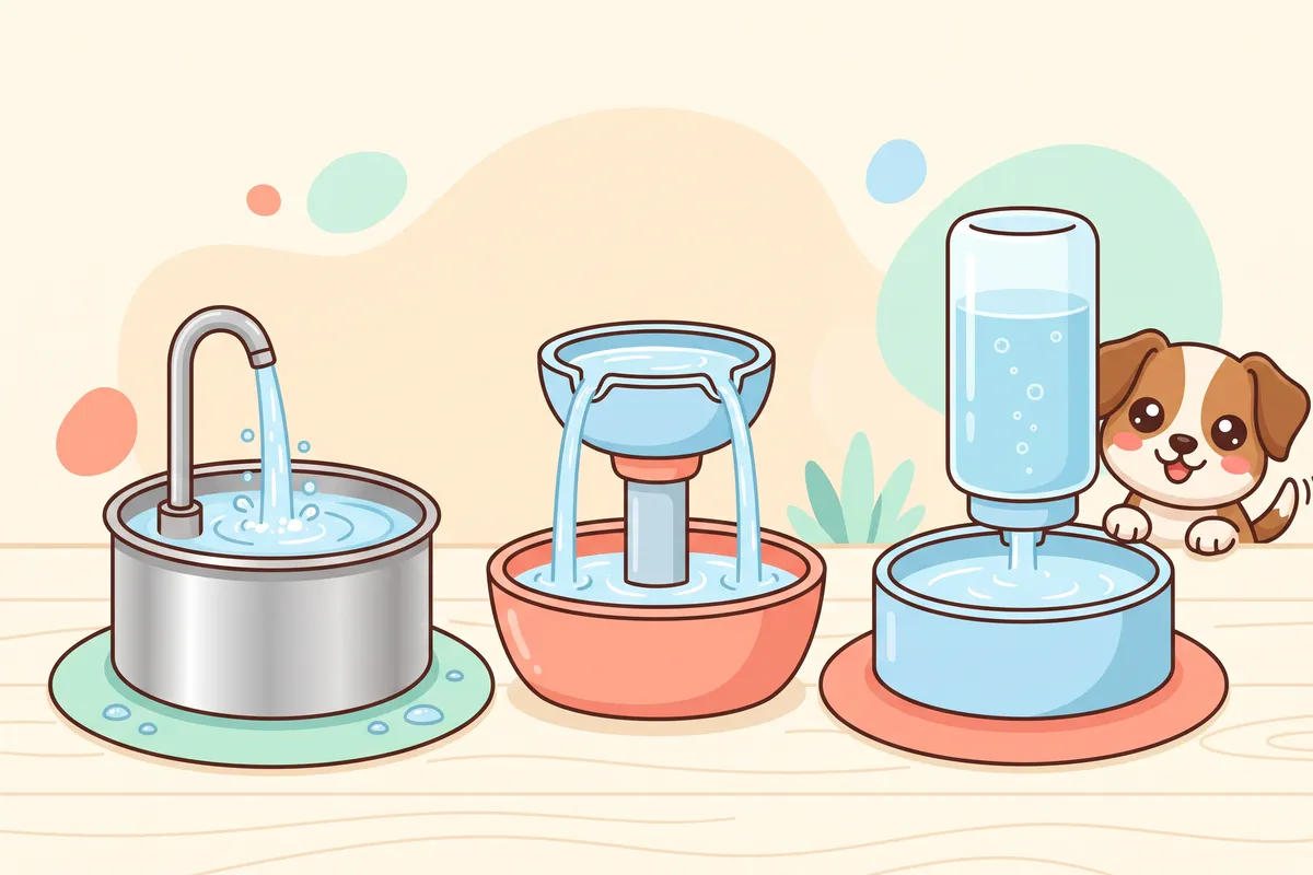 Illustration: three kinds of dog water fountain side by side, a stainless fountain, a tiered fountain and a gravity water station