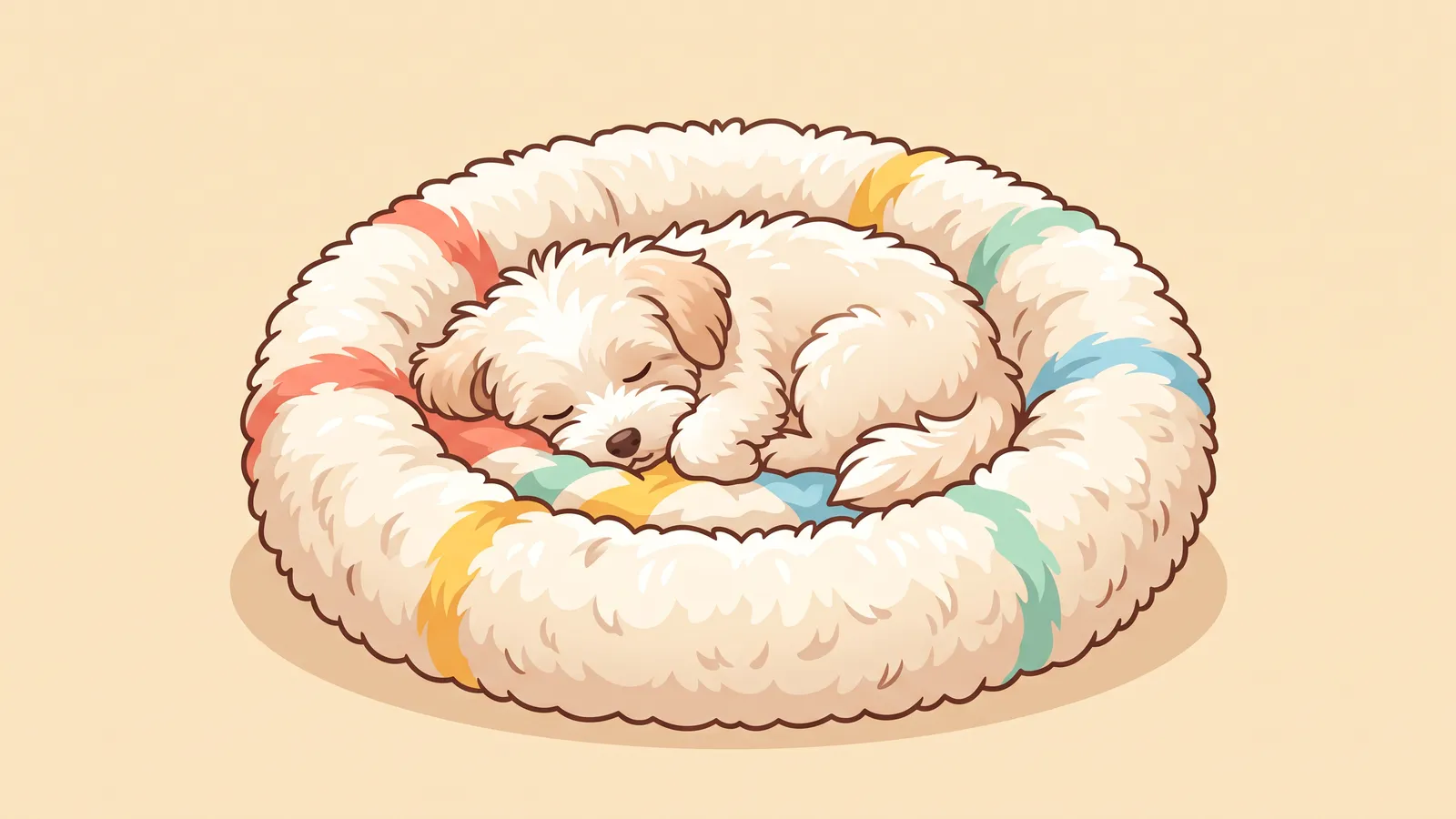 Small dog curled up asleep in a round shaggy donut dog bed