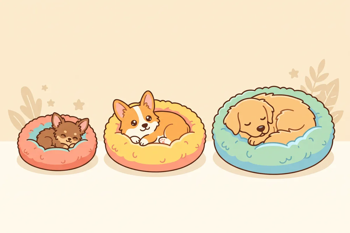 Illustration: three round donut beds in small, medium and large, each with a dog curled up inside